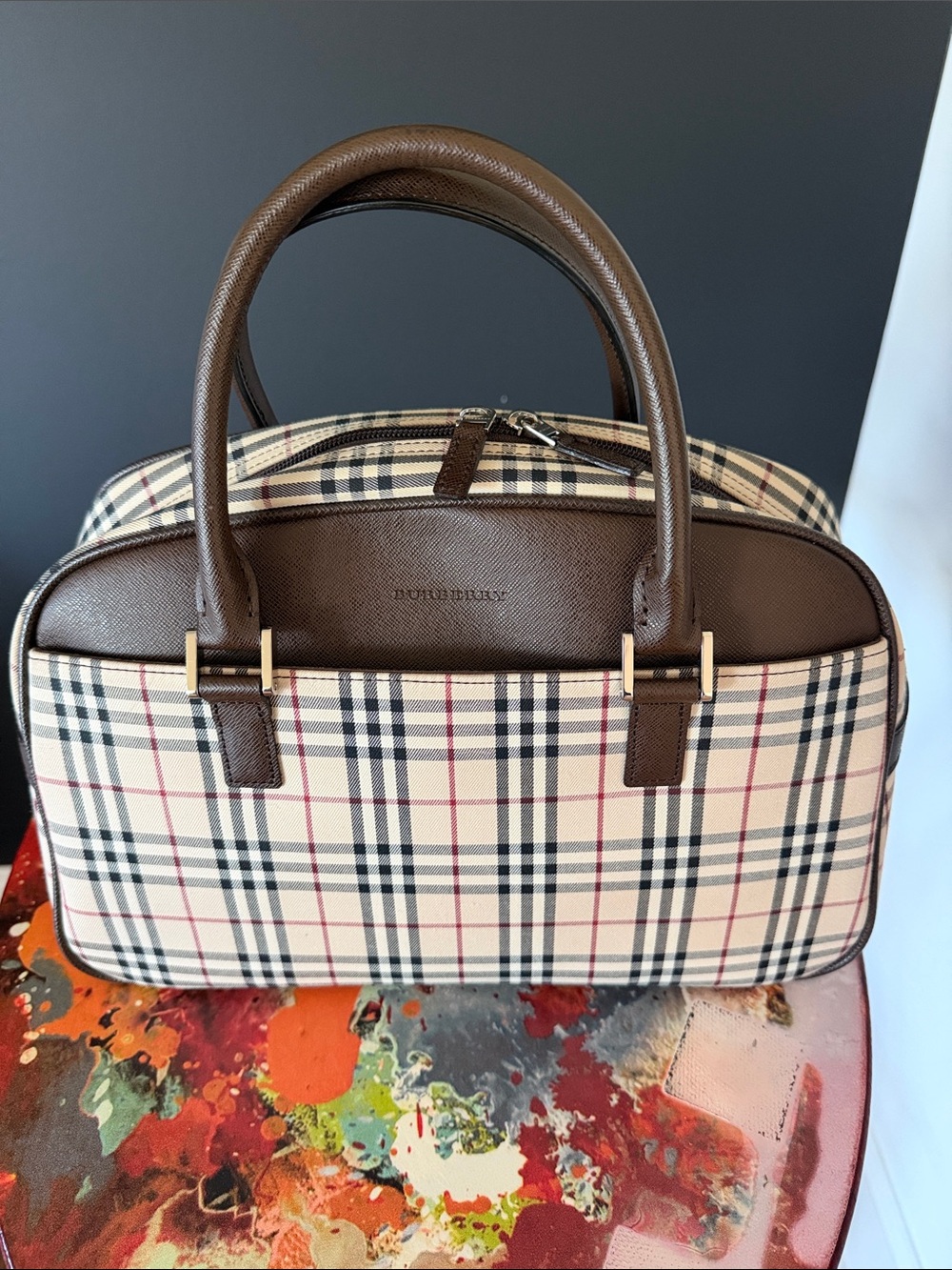 Burberry Beige Plaid Top-Handle Briefcase with Brown Leather Trim
